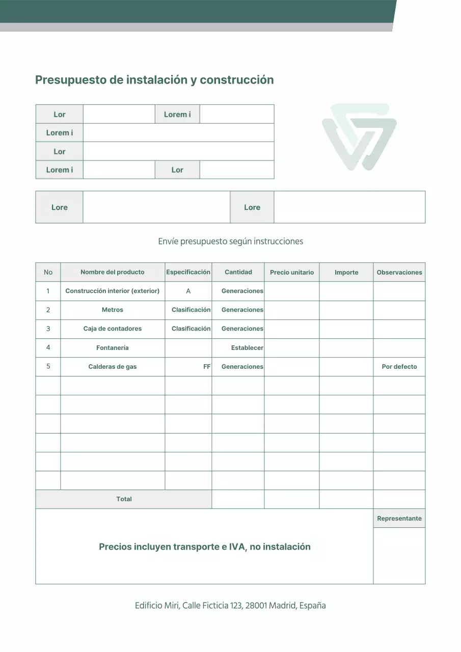 Formato de la documentación de los presupuestos de instalación de empresas verdes y grises