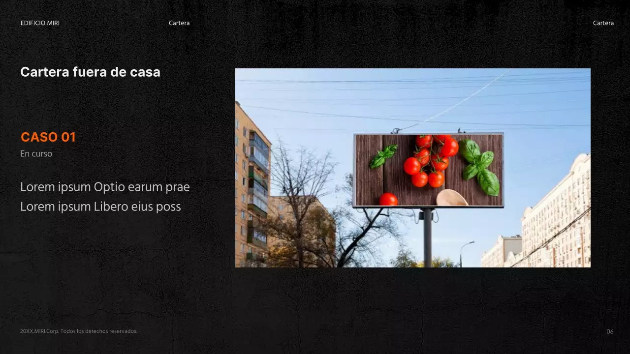Resumen del anuncio de un edificio en negro y naranja