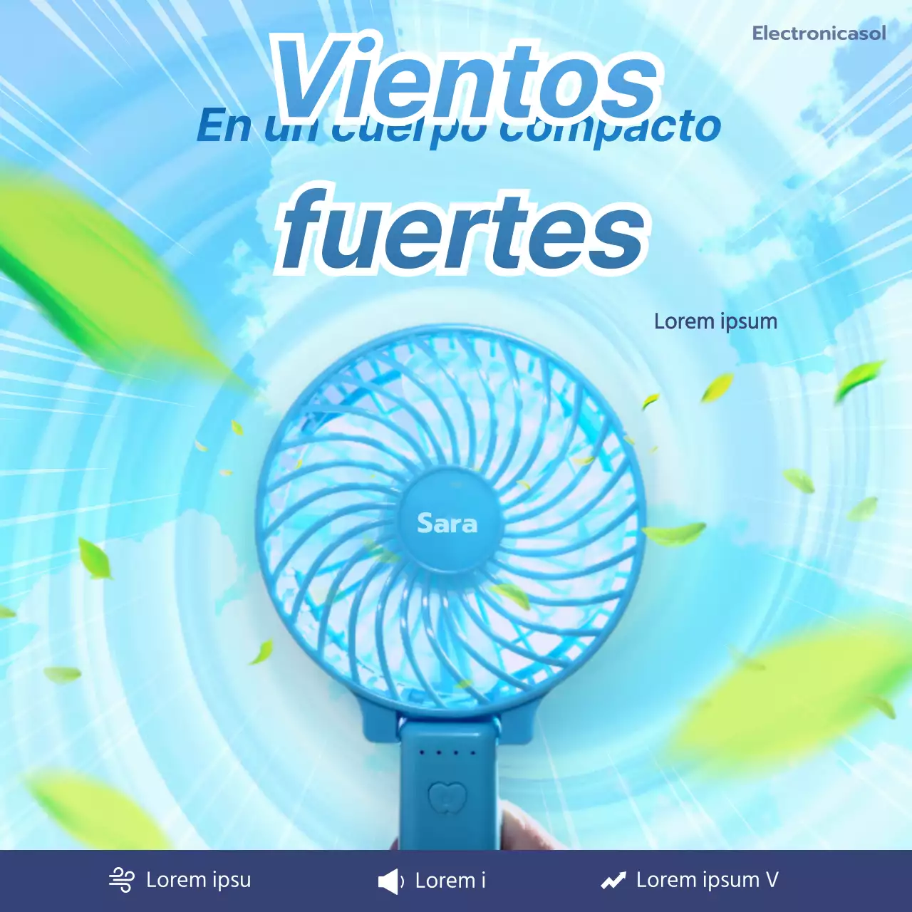 Anuncio en tono azul de un tifón para un ventilador de mano con vientos potentes
