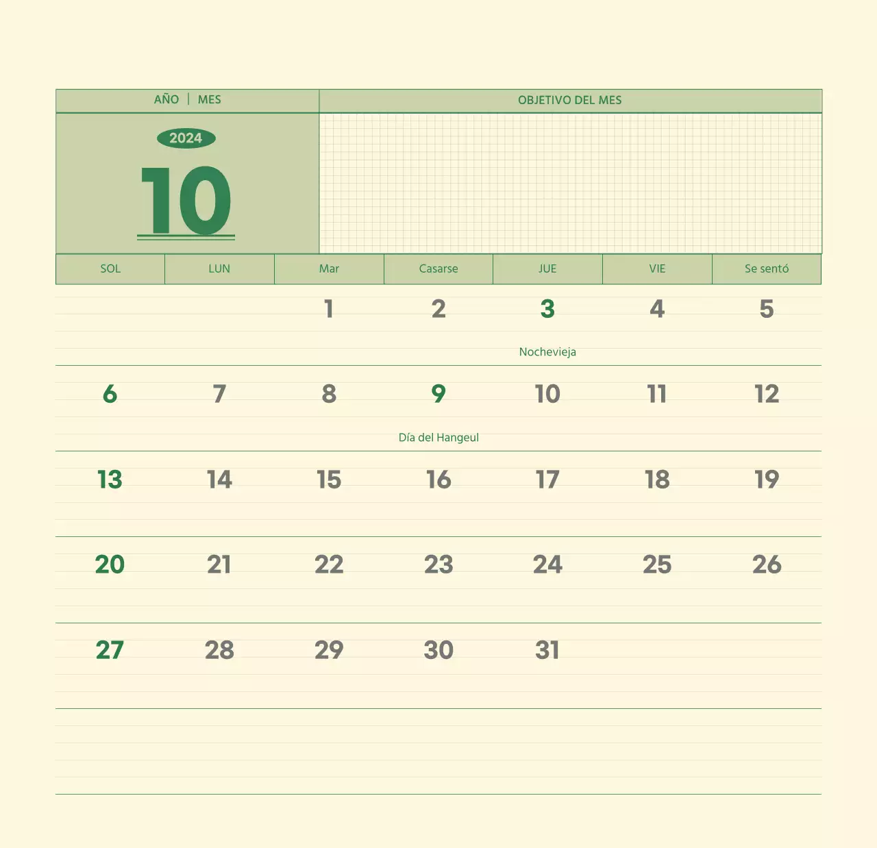SAT Calendario de pared con concepto de bloc de notas del día D en verde y amarillo claro