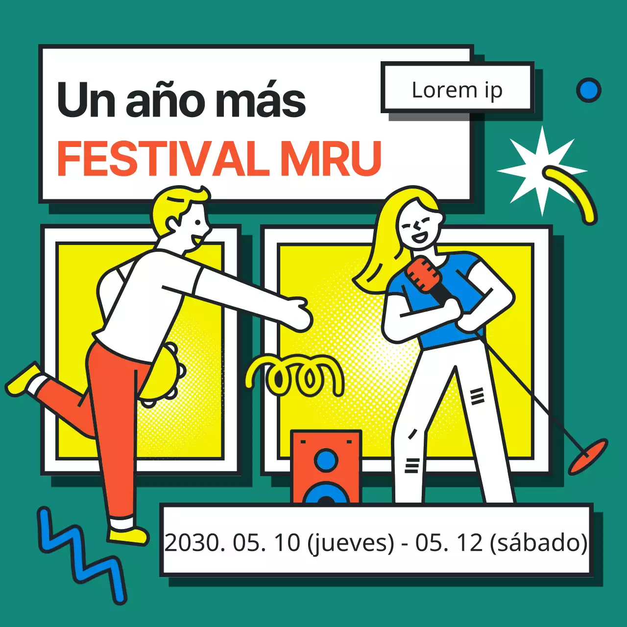Colorida ilustración de estilo pop art para promocionar un festival universitario
