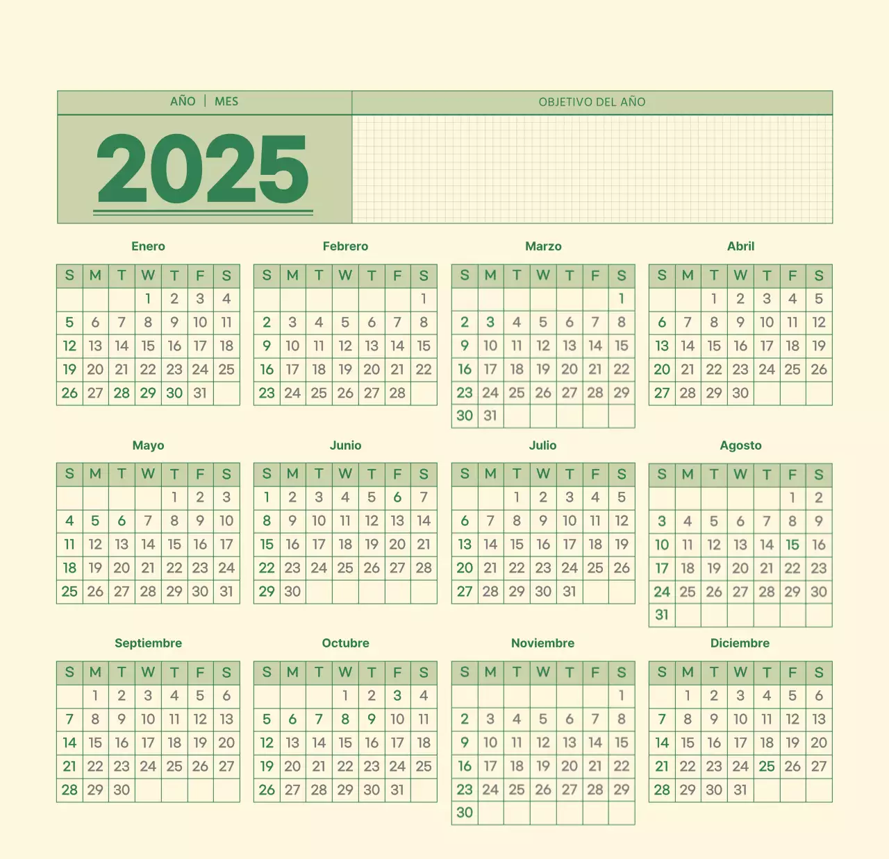 SAT Calendario de pared con concepto de bloc de notas del día D en verde y amarillo claro