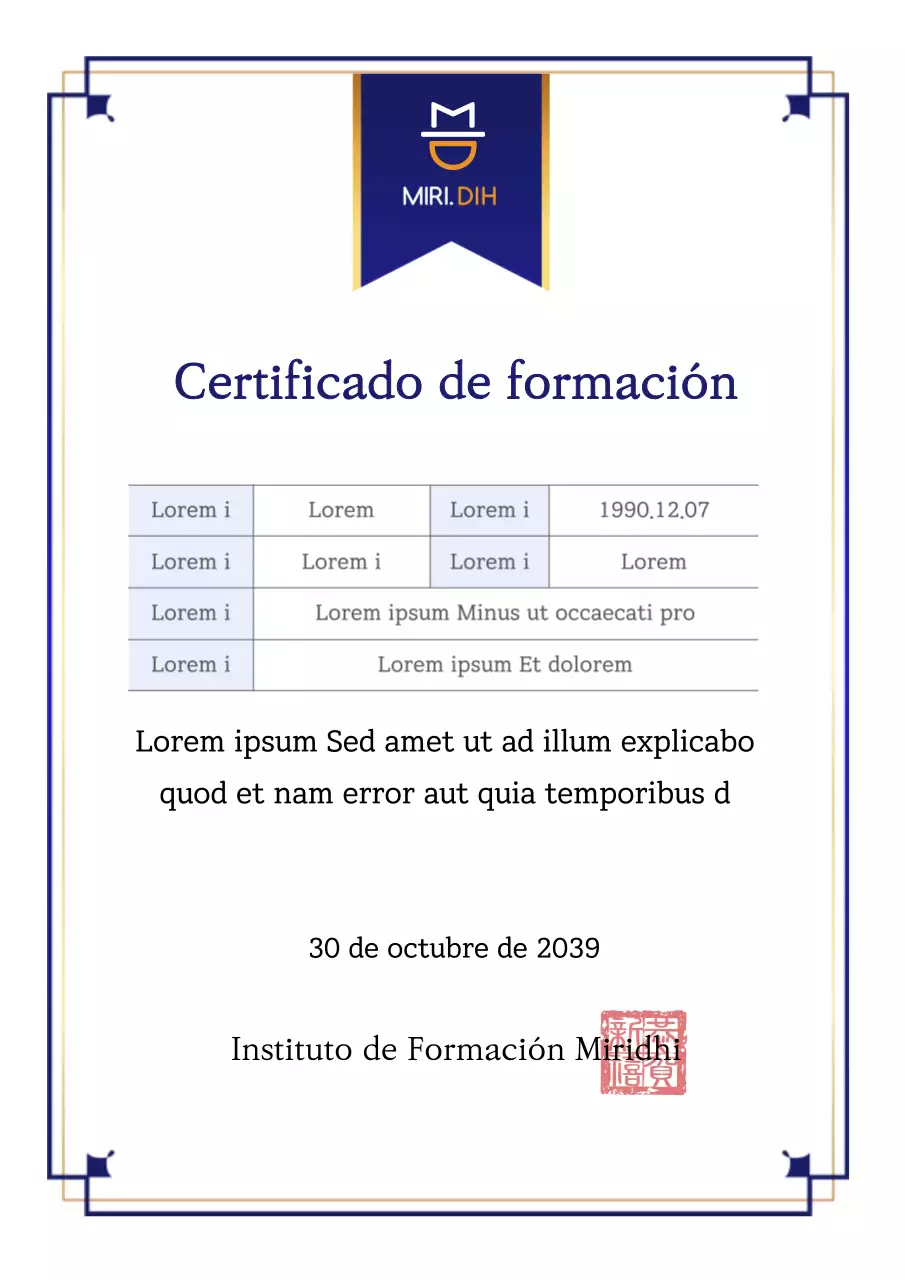 Certificado de formación Navy & Gold Modelo de certificado de formación