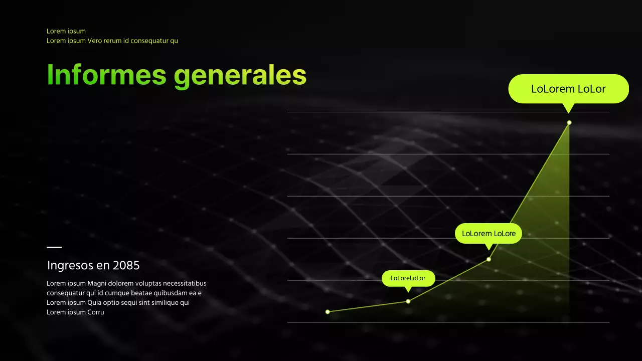 Presentación infográfica de negocios con tema degradado en negro y chartreuse