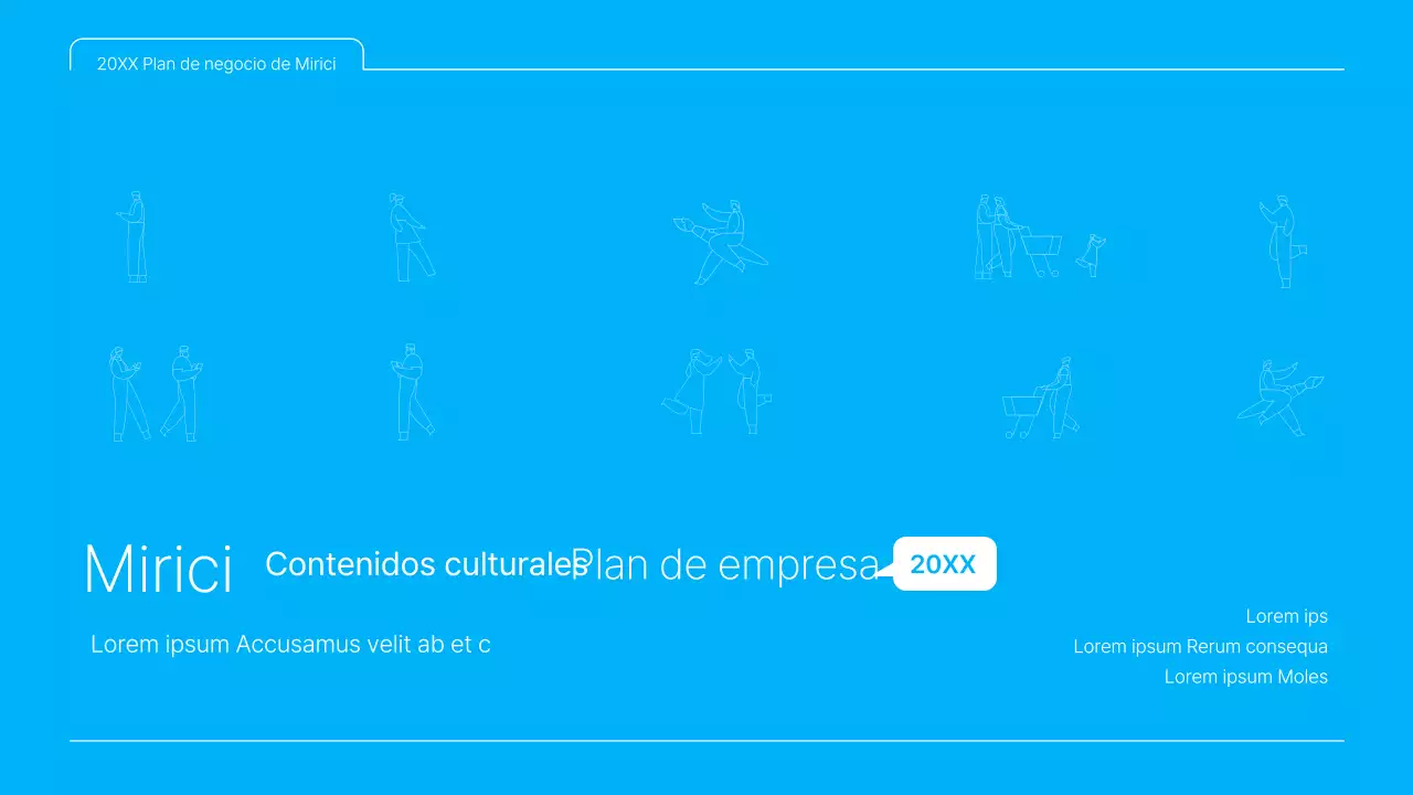 Una presentación limpia en azul y blanco del plan de negocio de contenidos culturales