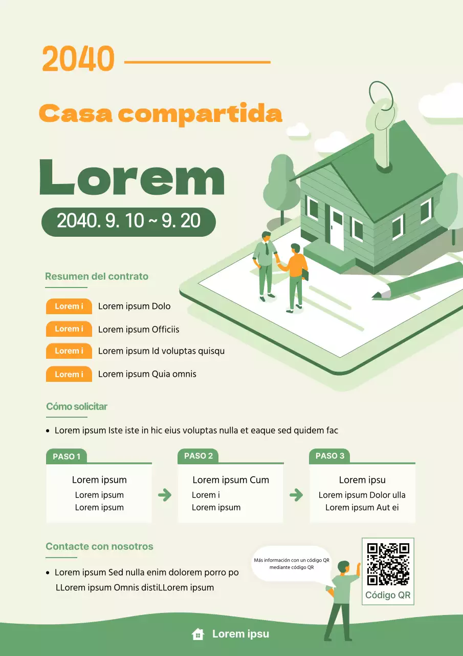 empresa coworking espacio ilustración naranja verde propuesta compartir casa inquilino contratación web cartel