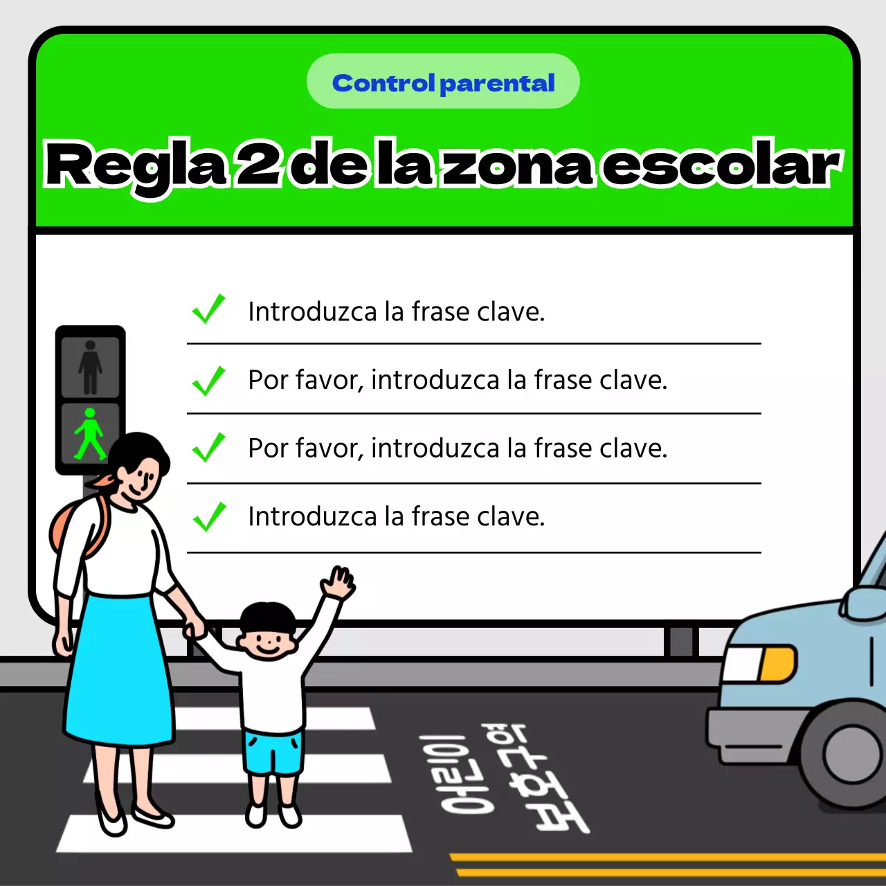 Consejos de seguridad vial en zonas escolares con el concepto de señal amarilla y azul