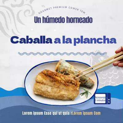 Un anuncio de caballa española a la parrilla de la isla de Jeju en su combinación natural de colores azul y gris.