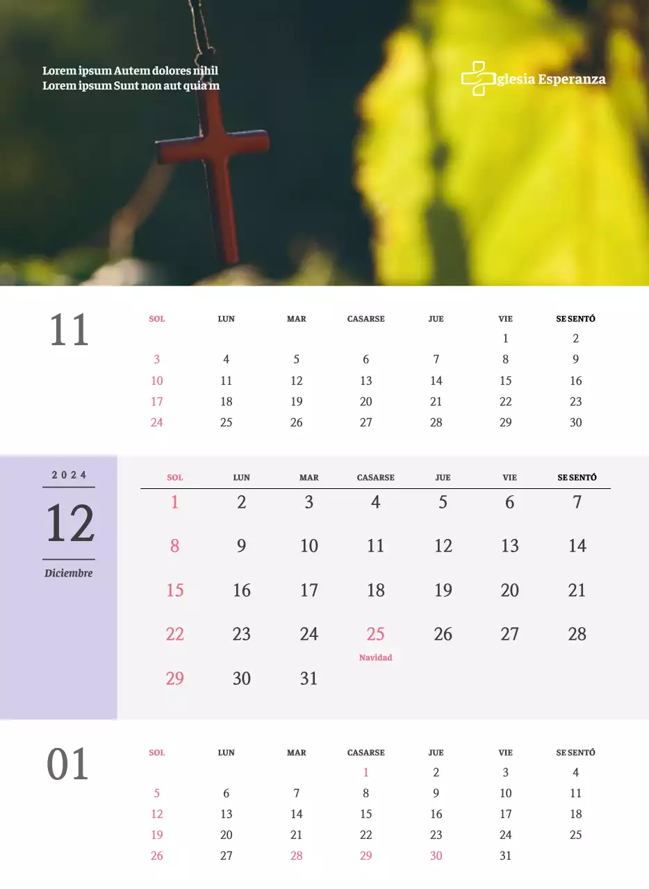 Calendario de pared de iglesia de concepto sencillo en blanco y negro con emotivas fotos religiosas