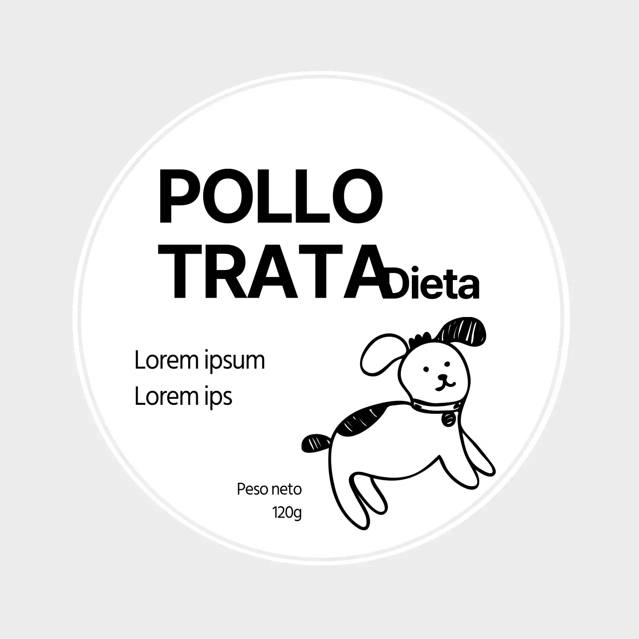 Ilustración en gris de una etiqueta sencilla de comida para mascotas