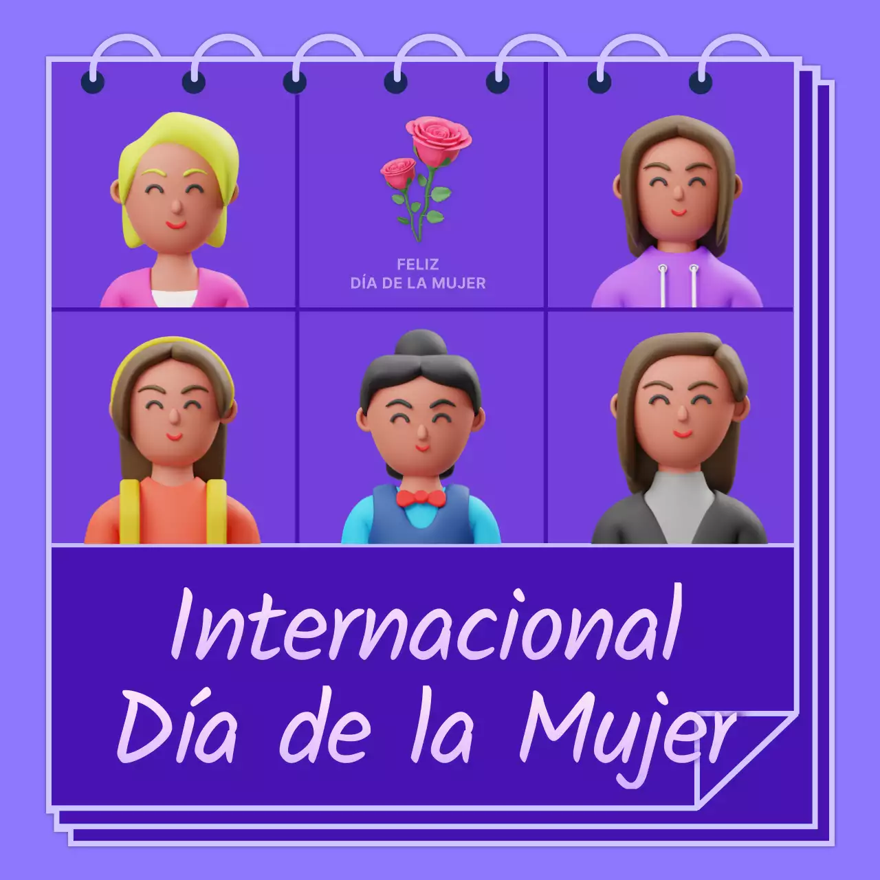 Ilustración morada de mujeres de distintas razas para promover el Día Internacional de la Mujer