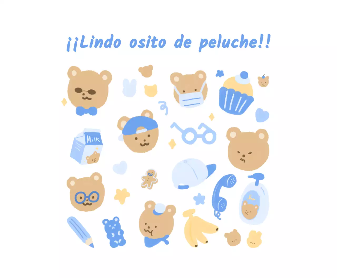 azul, blanco, lindo, peluche, oso, ilustración, personal, mercancía, leche, galleta, estrella, corazón, plátano, jalea, magdalena, sombrero, alfombrilla de ratón, lindo