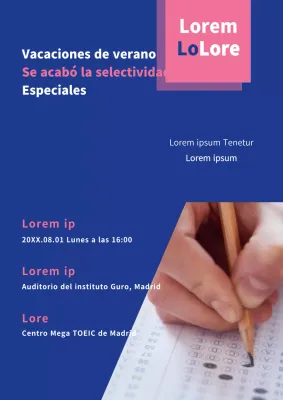 Promocione los cursos de verano con fotos azules y rosas de alumnos estudiando