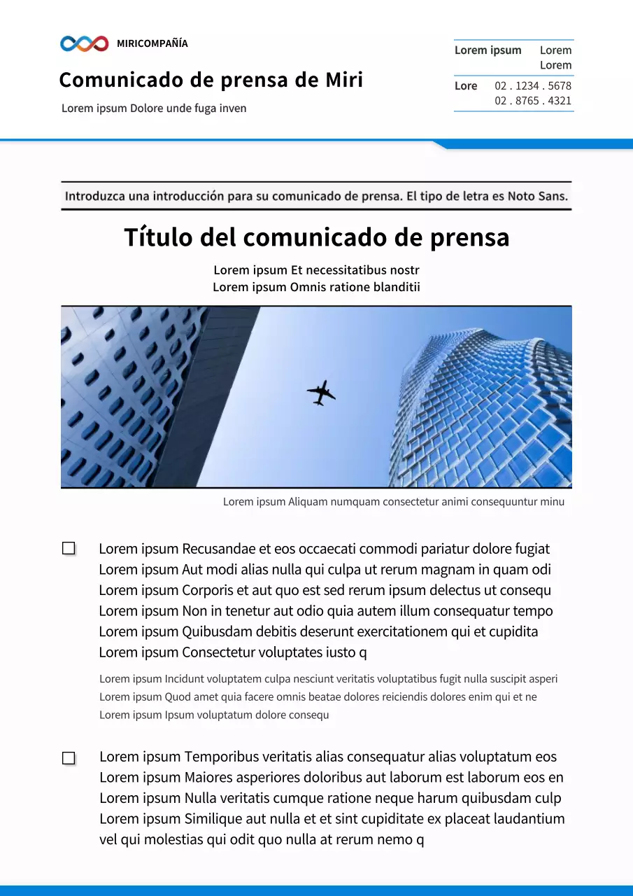 Comunicado de prensa empresarial en azul y blanco