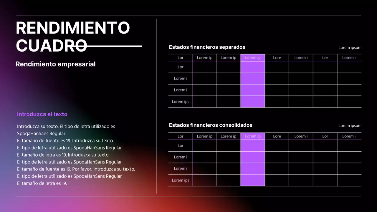 Tabla de negocios resaltada con degradado negro