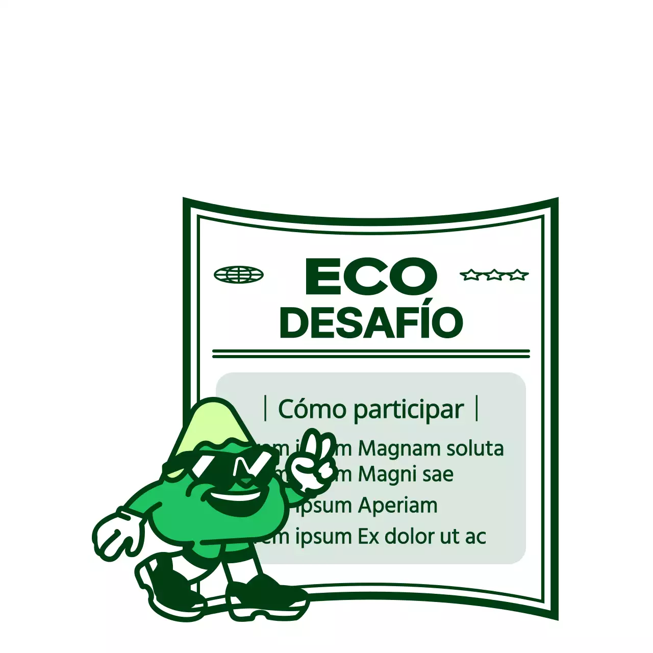 Simpático y moderno estilo de ilustración de personajes con un fresco color verde Información sobre el acontecimiento Eco Challenge