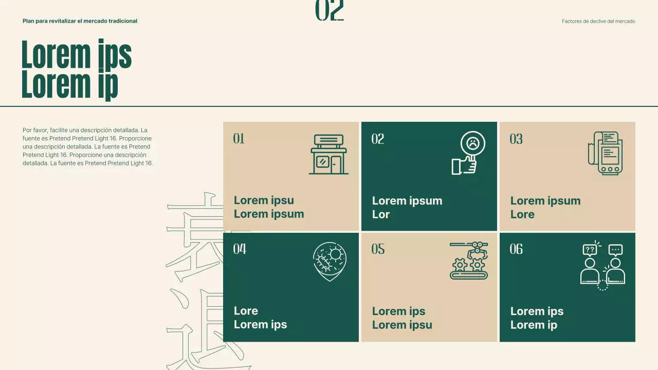 Plan para revitalizar los mercados tradicionales utilizando objetos y tipografía de color verde y beige