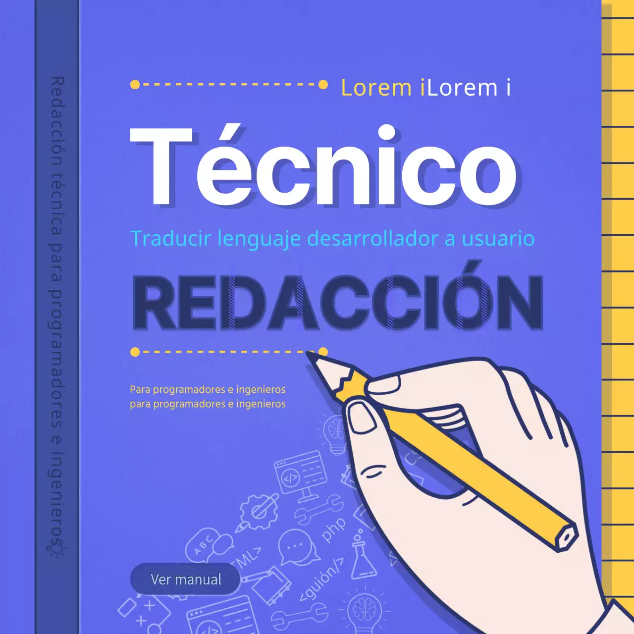 Diseño sencillo de portada de libro en amarillo y morado Manuales de escritura técnica Instagram Periódico