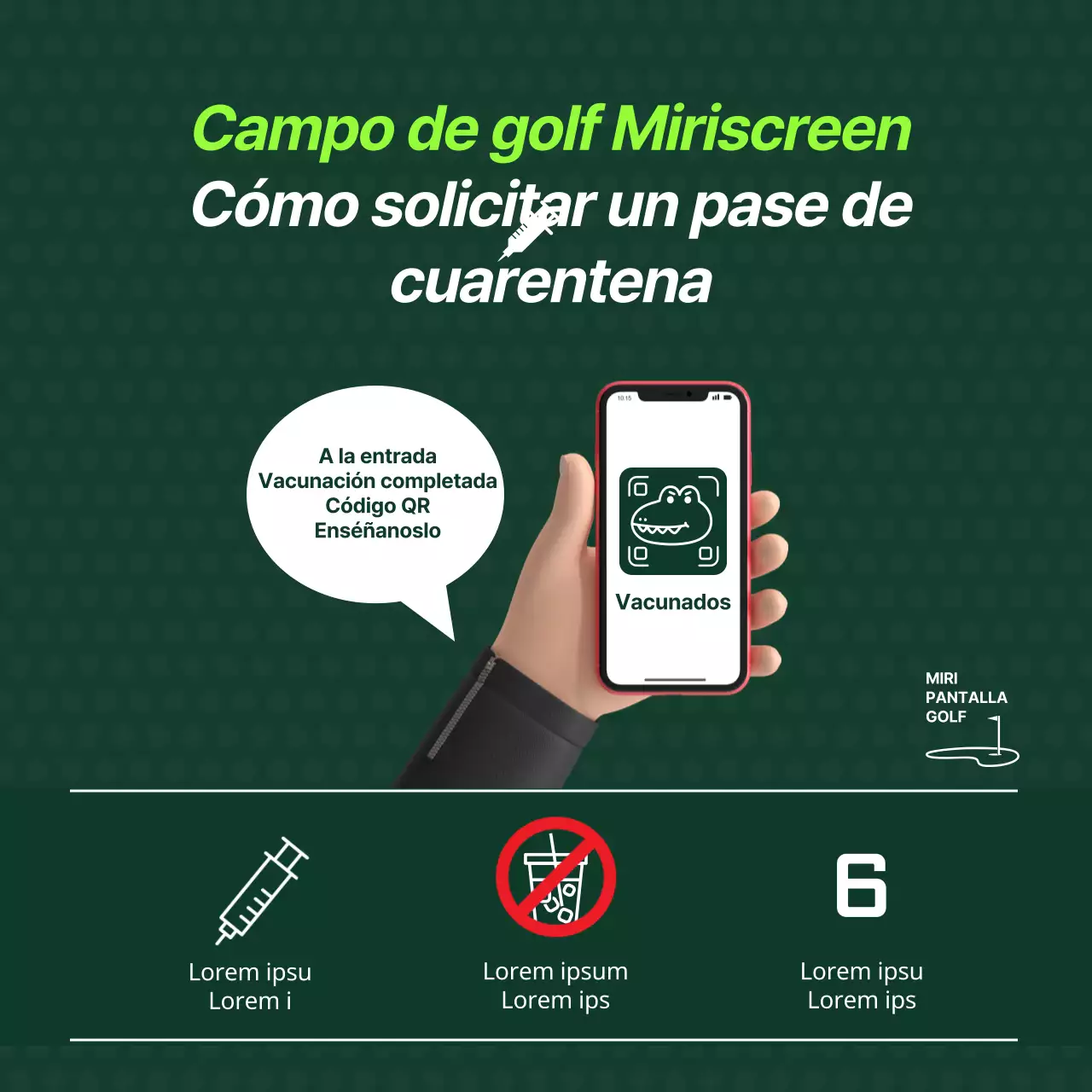 Anuncio de la aplicación de la pantalla campo de golf pase de cuarentena con un concepto de ilustración verde calmante