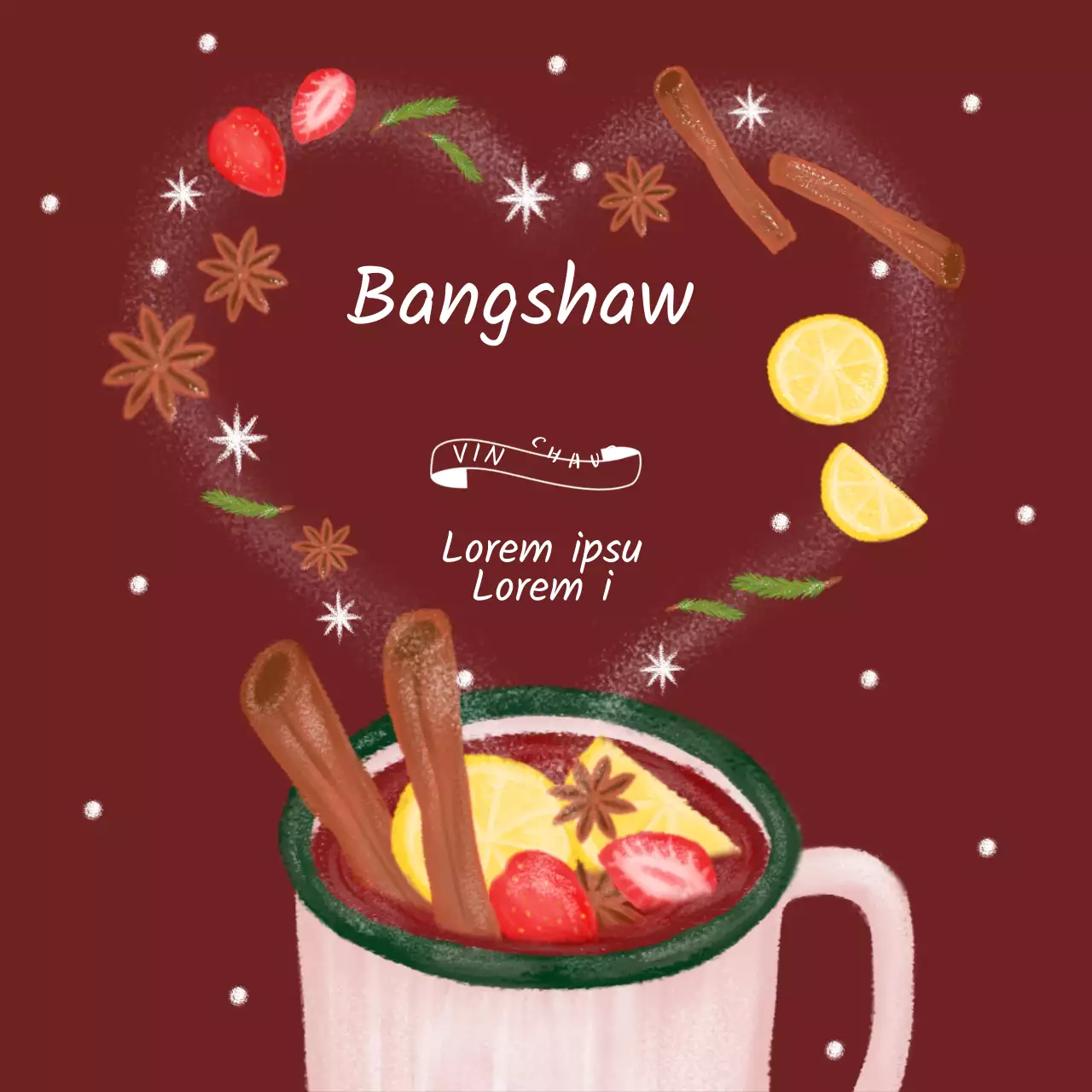 Descripción de una bebida bangshaw con ilustración en color marrón de varios ingredientes alimentarios