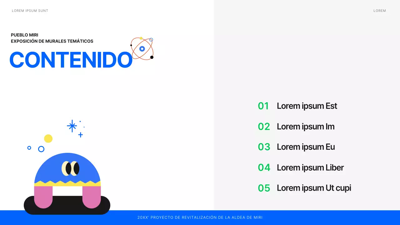 Planificación de una exposición de murales ilustrados en blanco, azul y verde