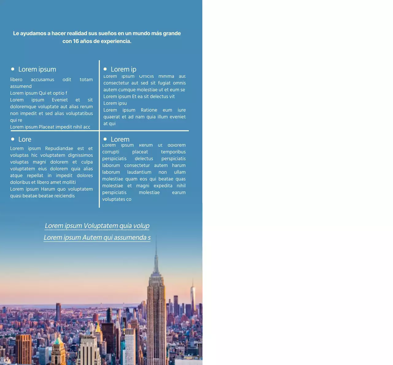 Promoción de una escuela de idiomas con fotos azules y amarillas de paisajes extranjeros