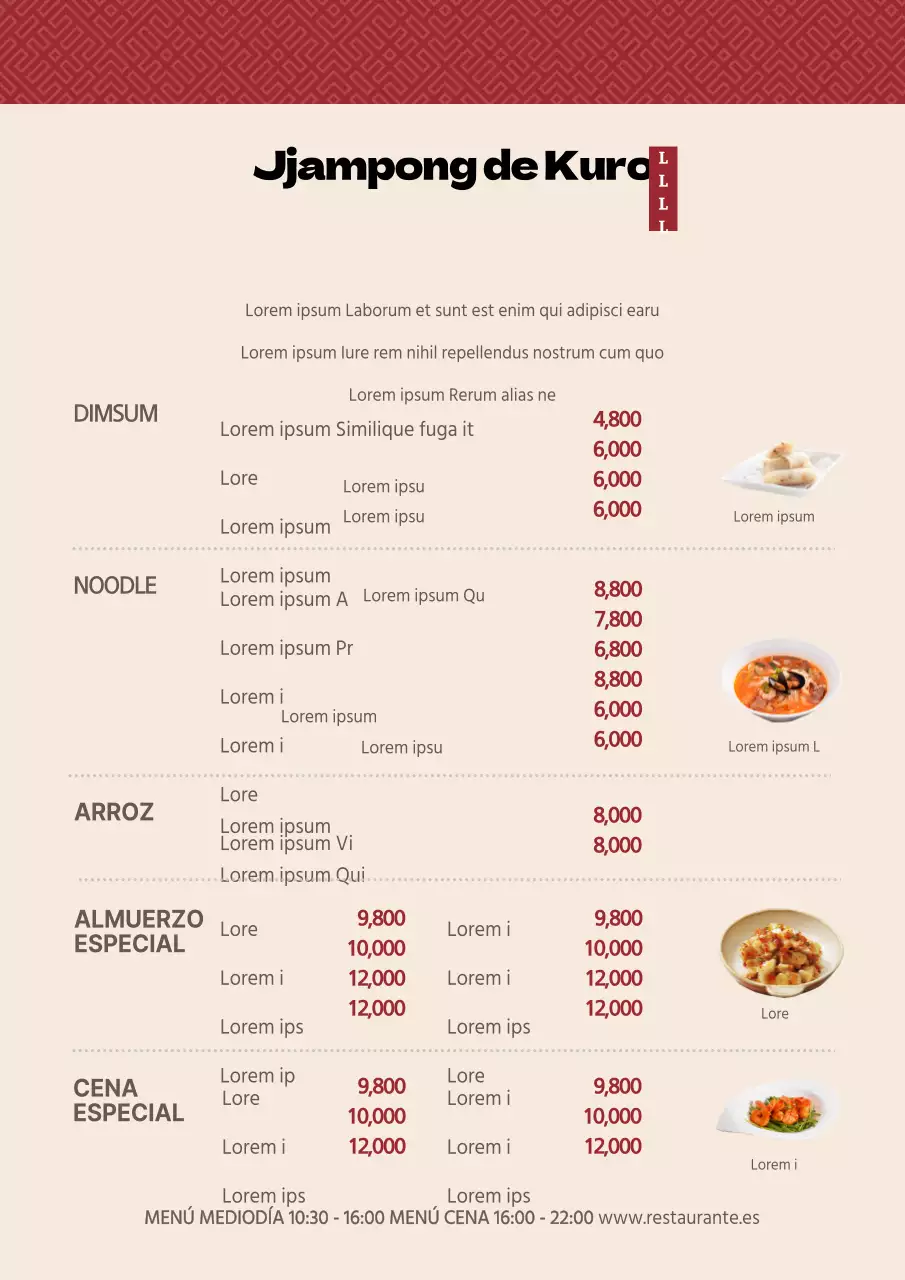 Menú de restaurante chino con motivos tradicionales en rojo y fotos de alimentos