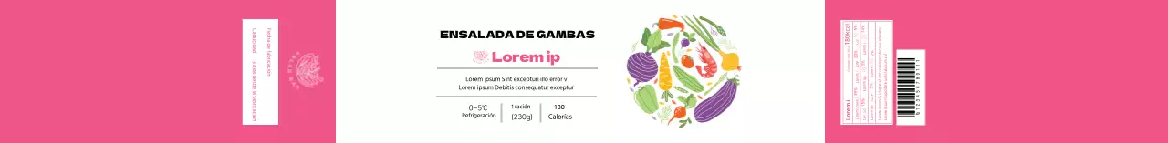 Etiqueta de ensalada de gambas ilustrada en blanco y rosa