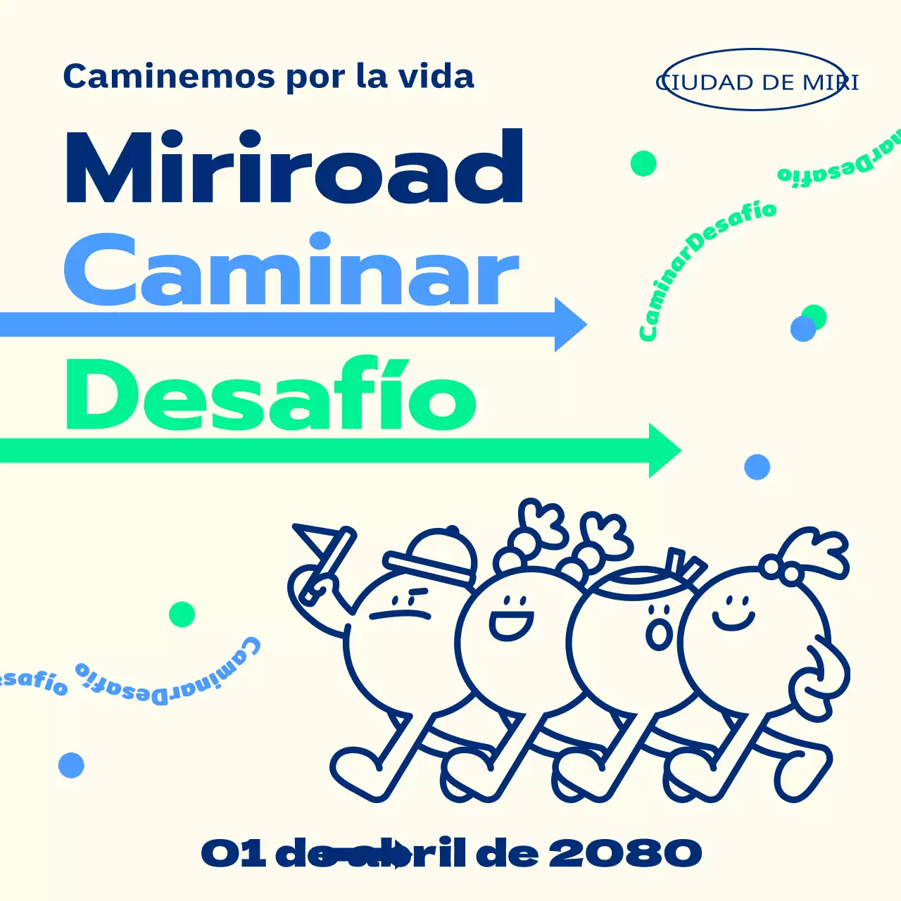 Promueve un reto de paseo primaveral con personajes azules y verdes y un toque simpático