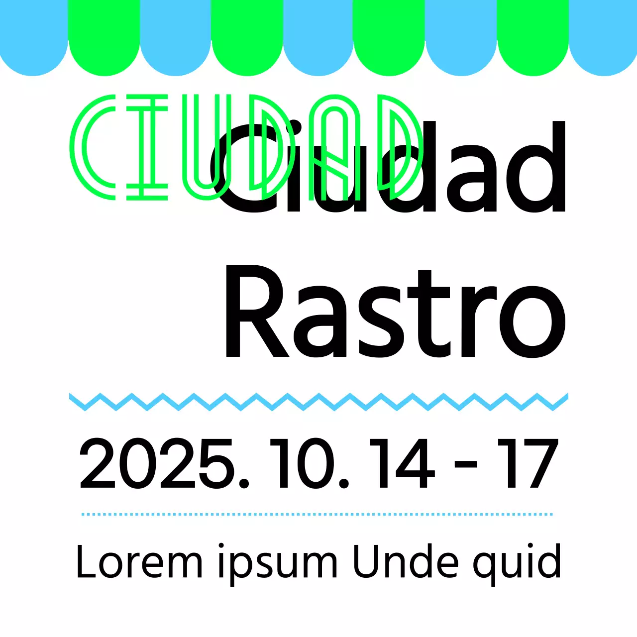 Cartel promocional con un anuncio de mercadillo verde cielo negro y varias ilustraciones de formas.