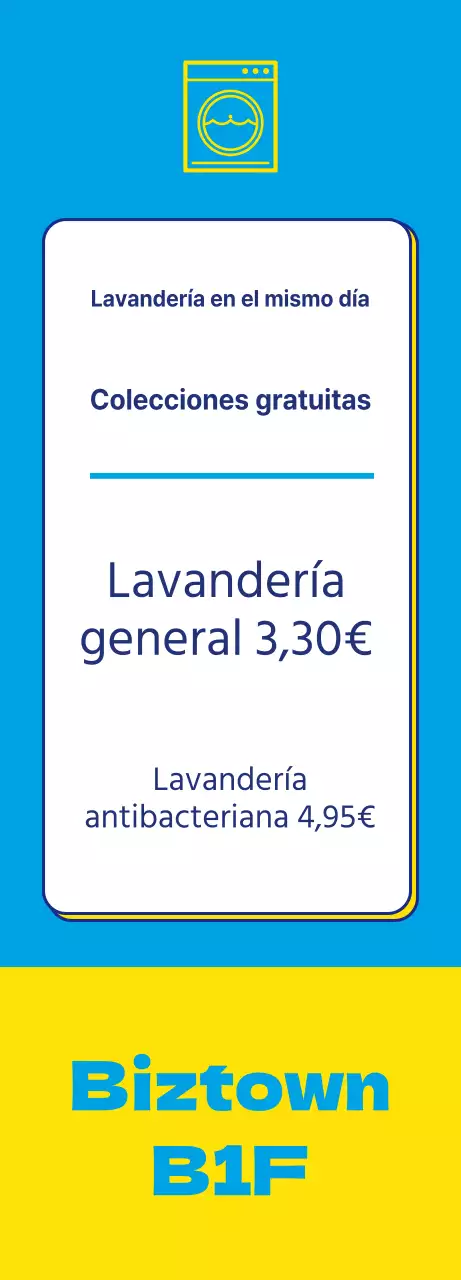 Banner de lavandería con icono de lavandería en color de punto amarillo sobre fondo azul