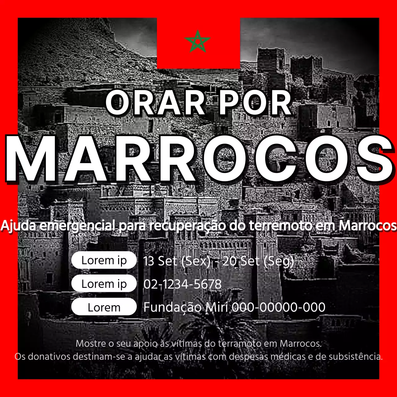 Promover o apoio à recuperação do terramoto com um simples esquema de cores preto e vermelho