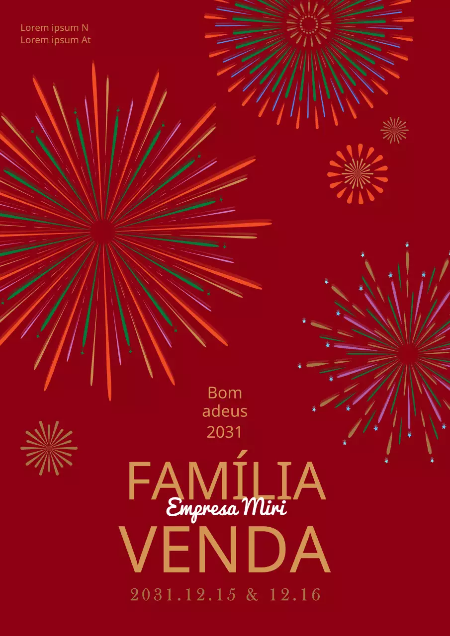Cartaz simples de venda de férias em família com ilustração de fogos de artifício em fundo vermelho