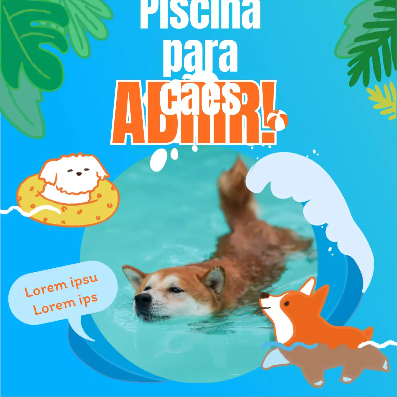 (Premium) Ilustração de jogo aquático azul claro conceito bonito piscina de cachorro promoção (nova publicação de feed do Instagram)