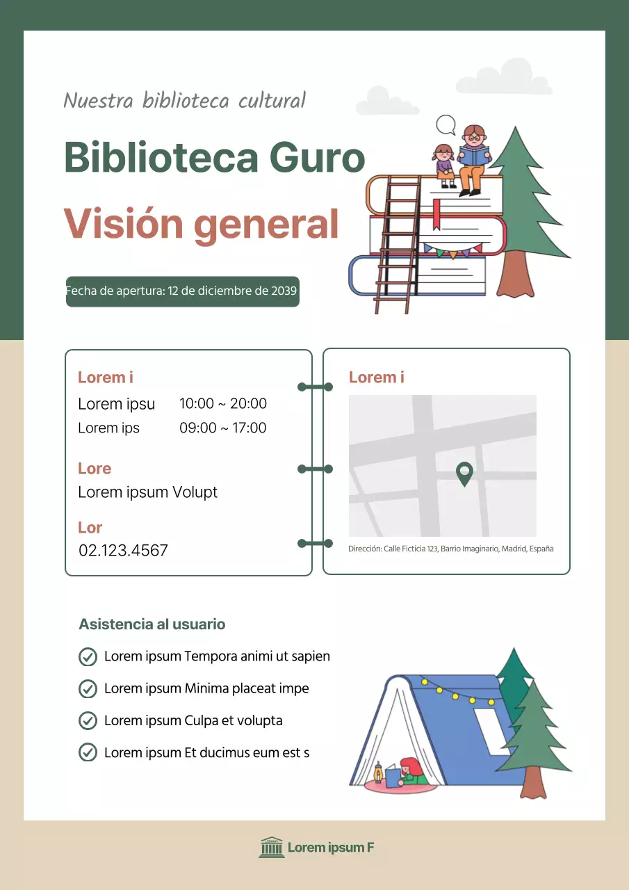 Pequeño folleto informativo verde y marrón