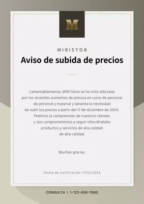 Modelo de carta de subida de precios de lujo en tono marrón