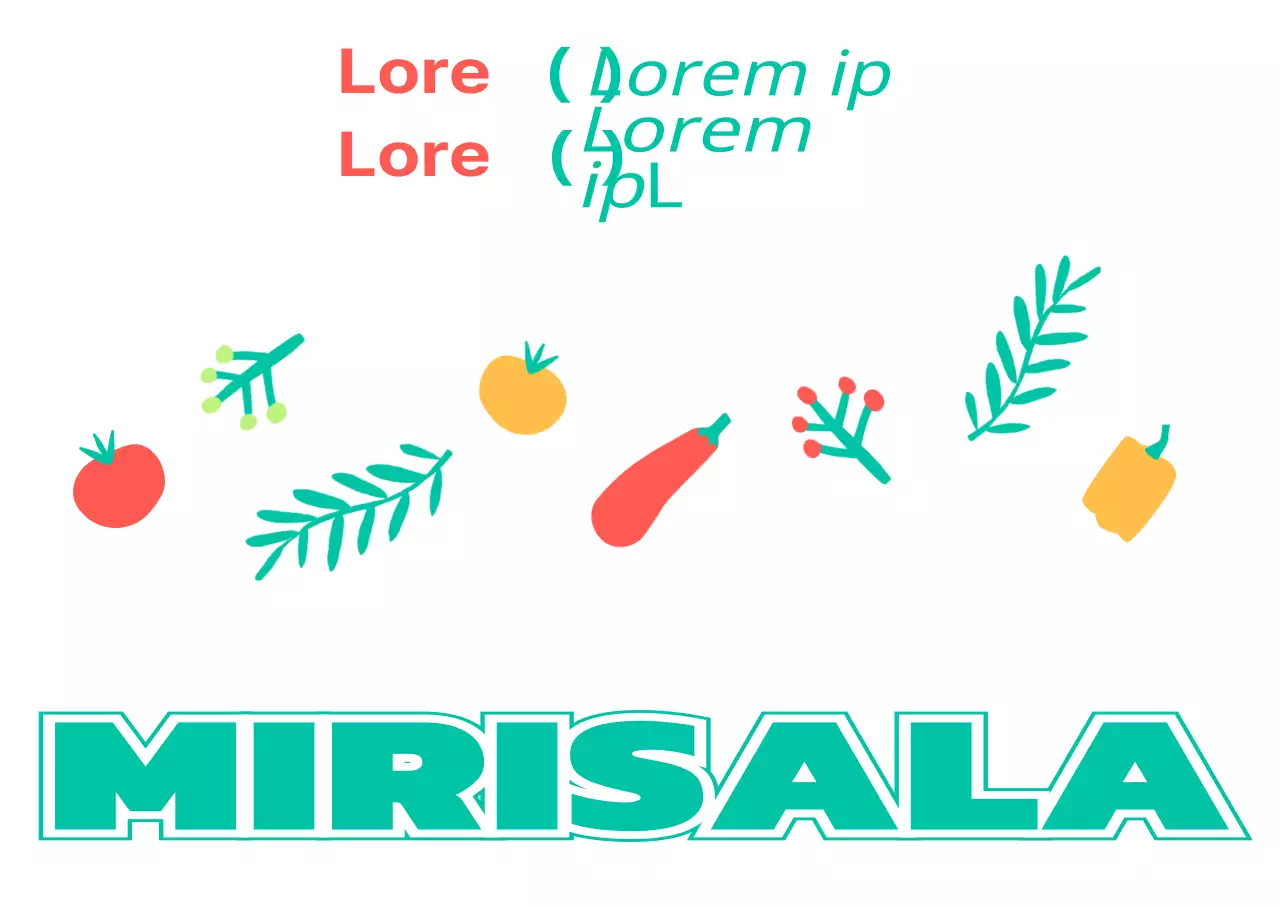 Para promover uma loja de saladas com ilustrações simples de legumes e plantas em turquesa e vermelho.