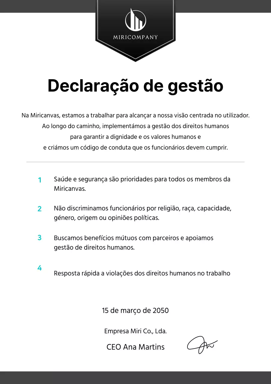 Um manifesto empresarial limpo, a preto e menta