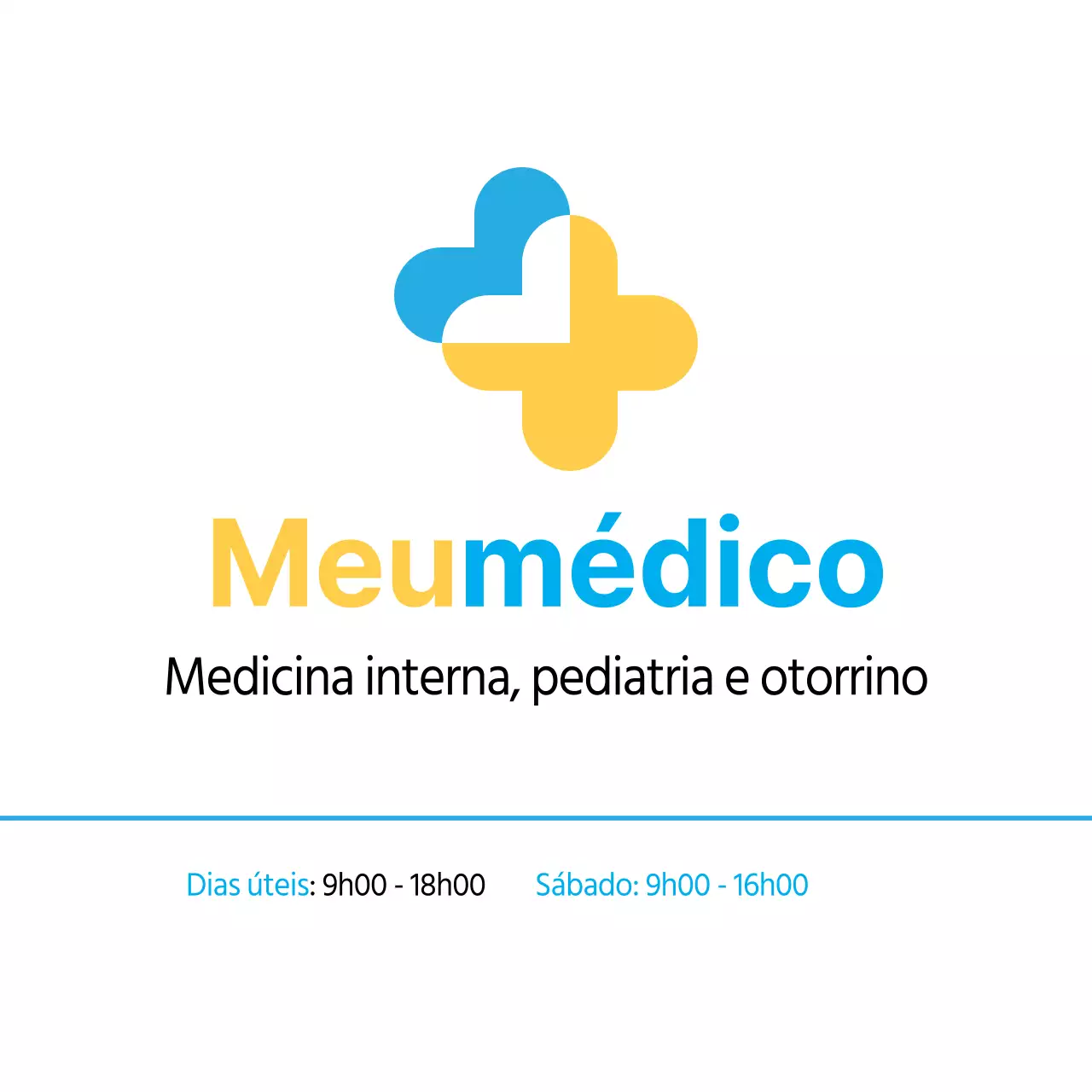 Uma clínica de medicina interna azul e amarela, com linhas simples