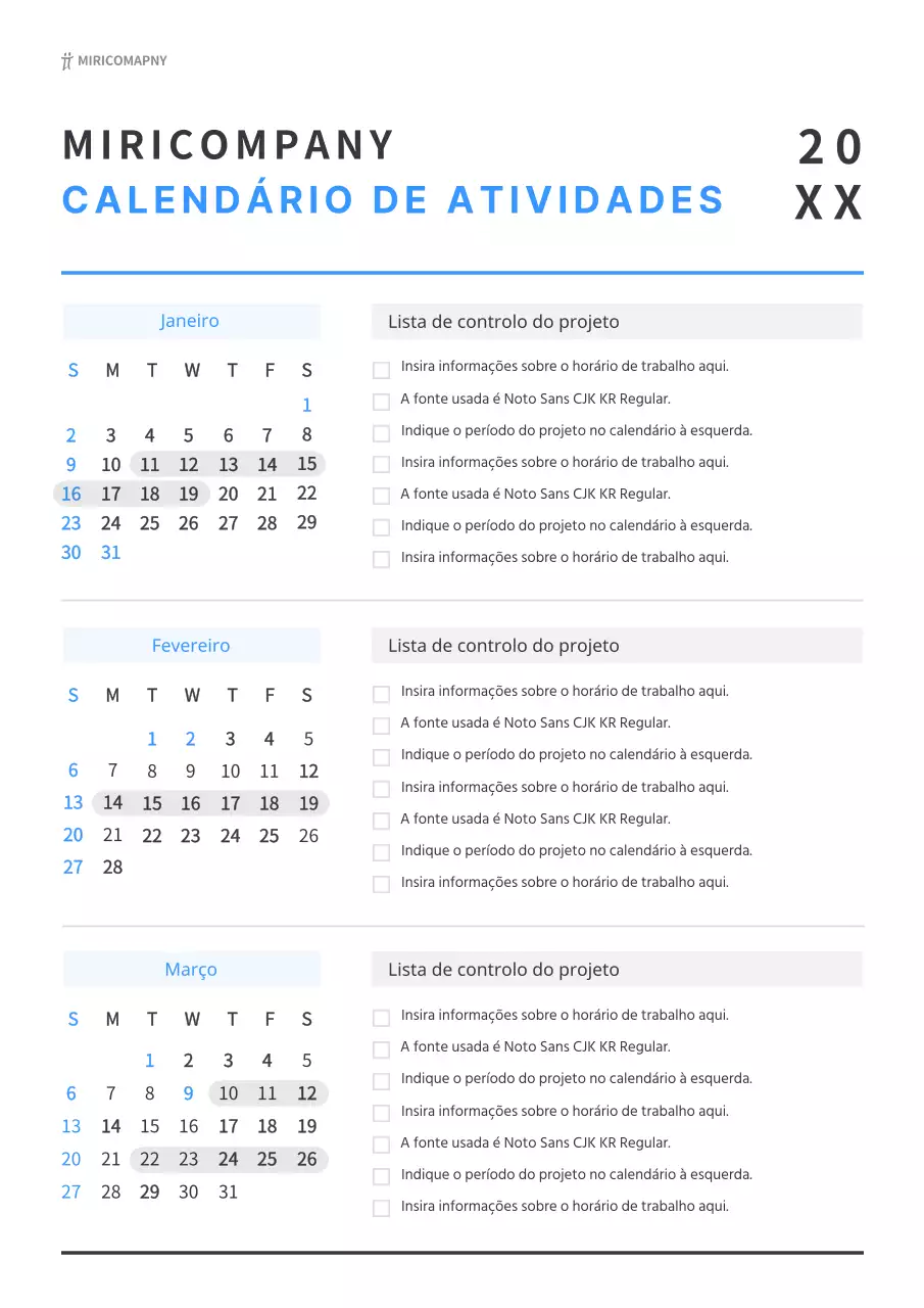 Calendário de trabalho simples em branco e azul