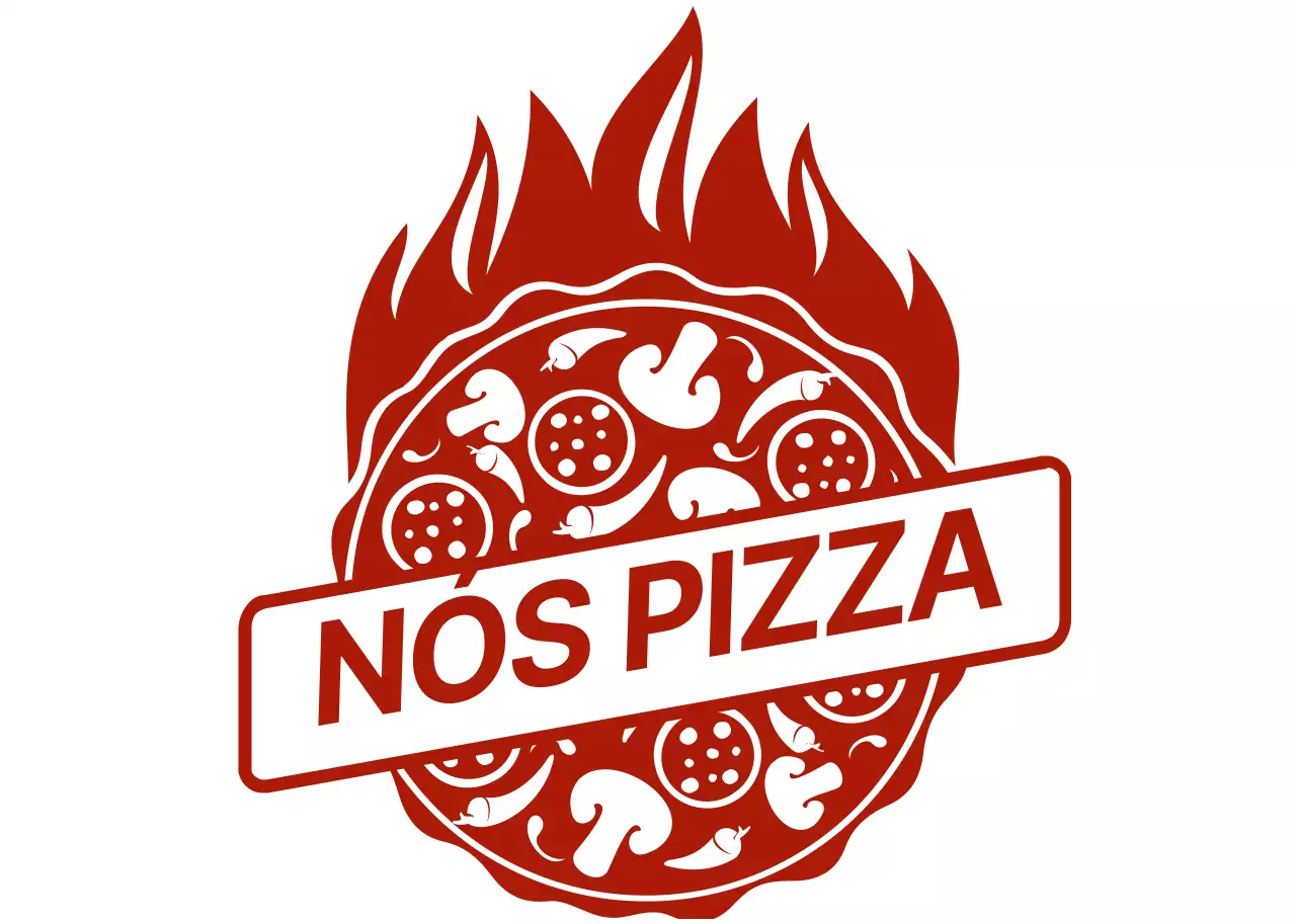 Conceito ilustrado de logótipo de pizzaria em branco e vermelho