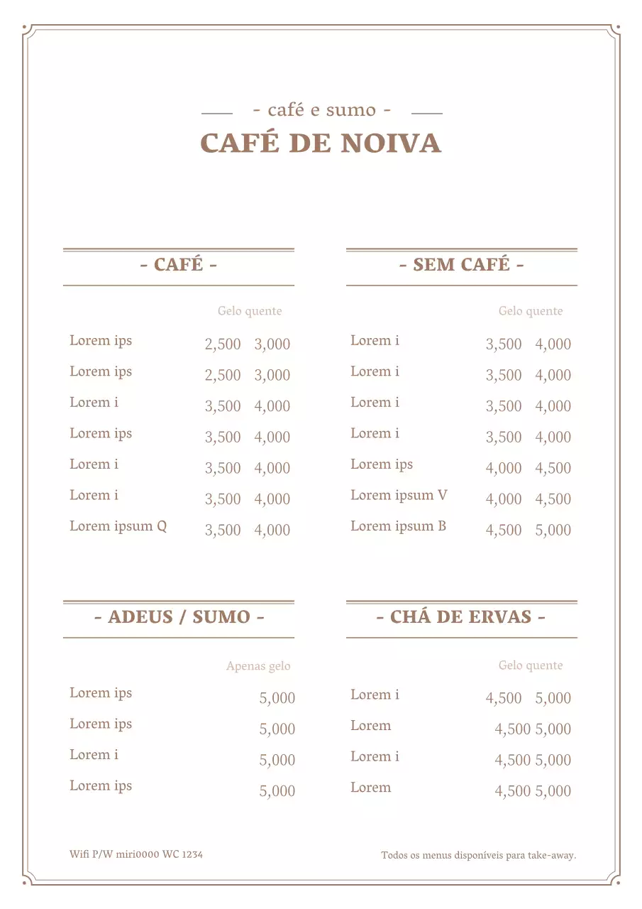 Cartaz simples de menu de café em branco e castanho
