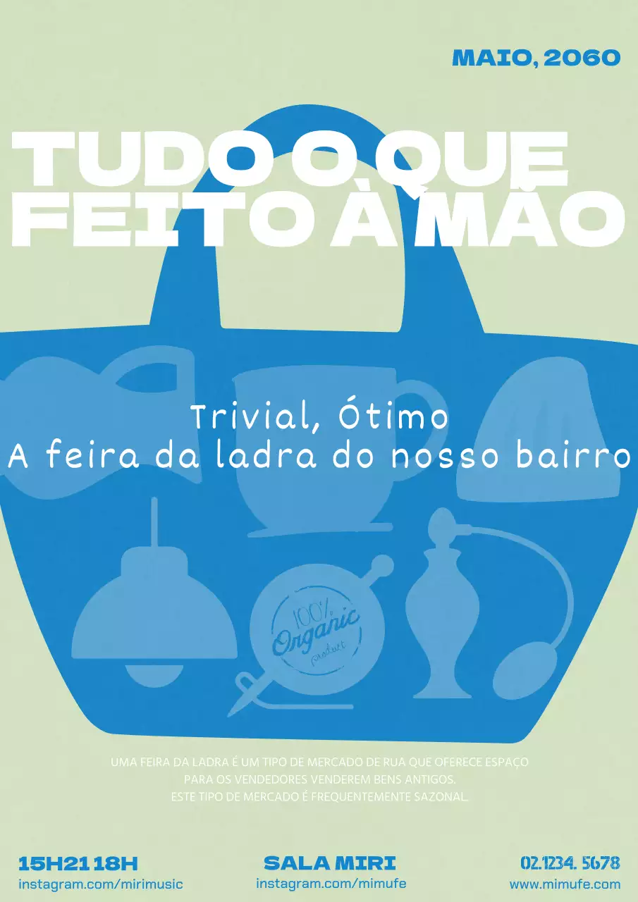 Promova a sua feira da ladra artesanal de carrinhos de compras azuis e verdes