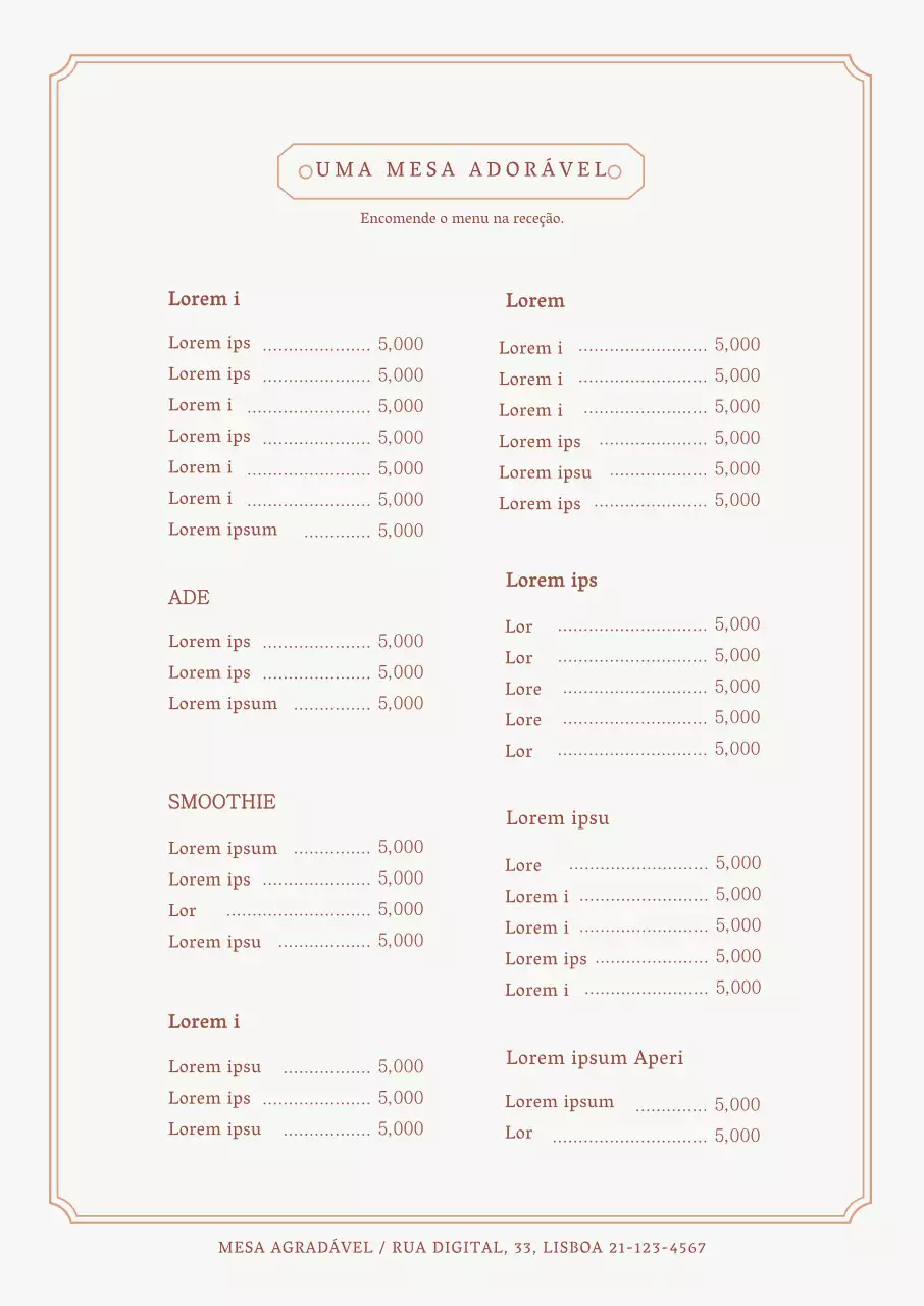 Ementa simples de um café com uma margem de linha bege