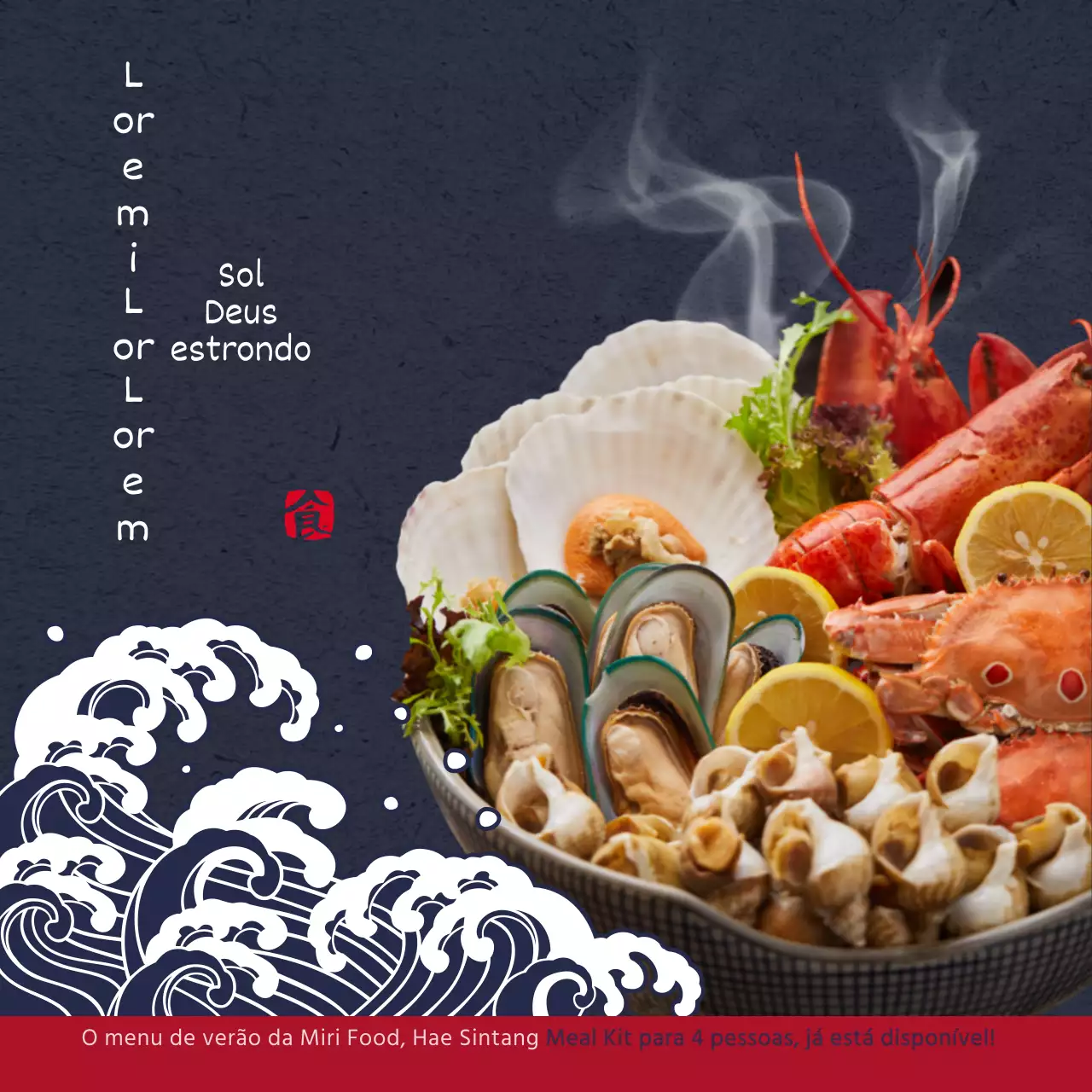 Promoção do novo Hae-Shin-Tang, um alimento de conforto de verão em tons de azul-marinho e vermelho