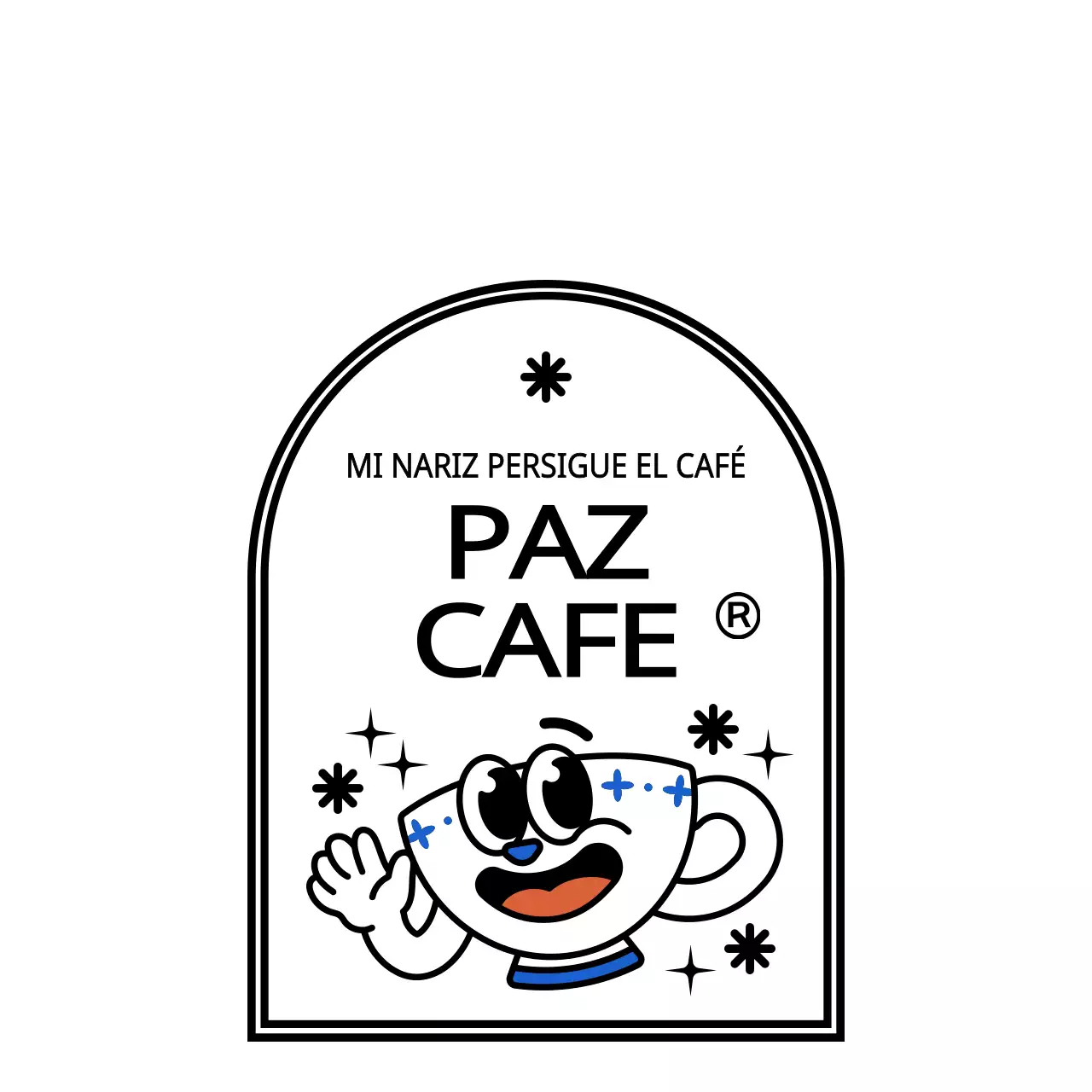 Una taza de café bonita y moderna en blanco y azul claro con estilo de personaje negro Reseña Anuncio de evento