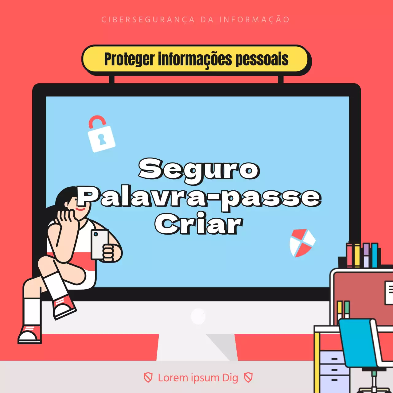 Campanha de segurança da informação sobre a palavra-passe segura com uma ilustração a vermelho e azul claro