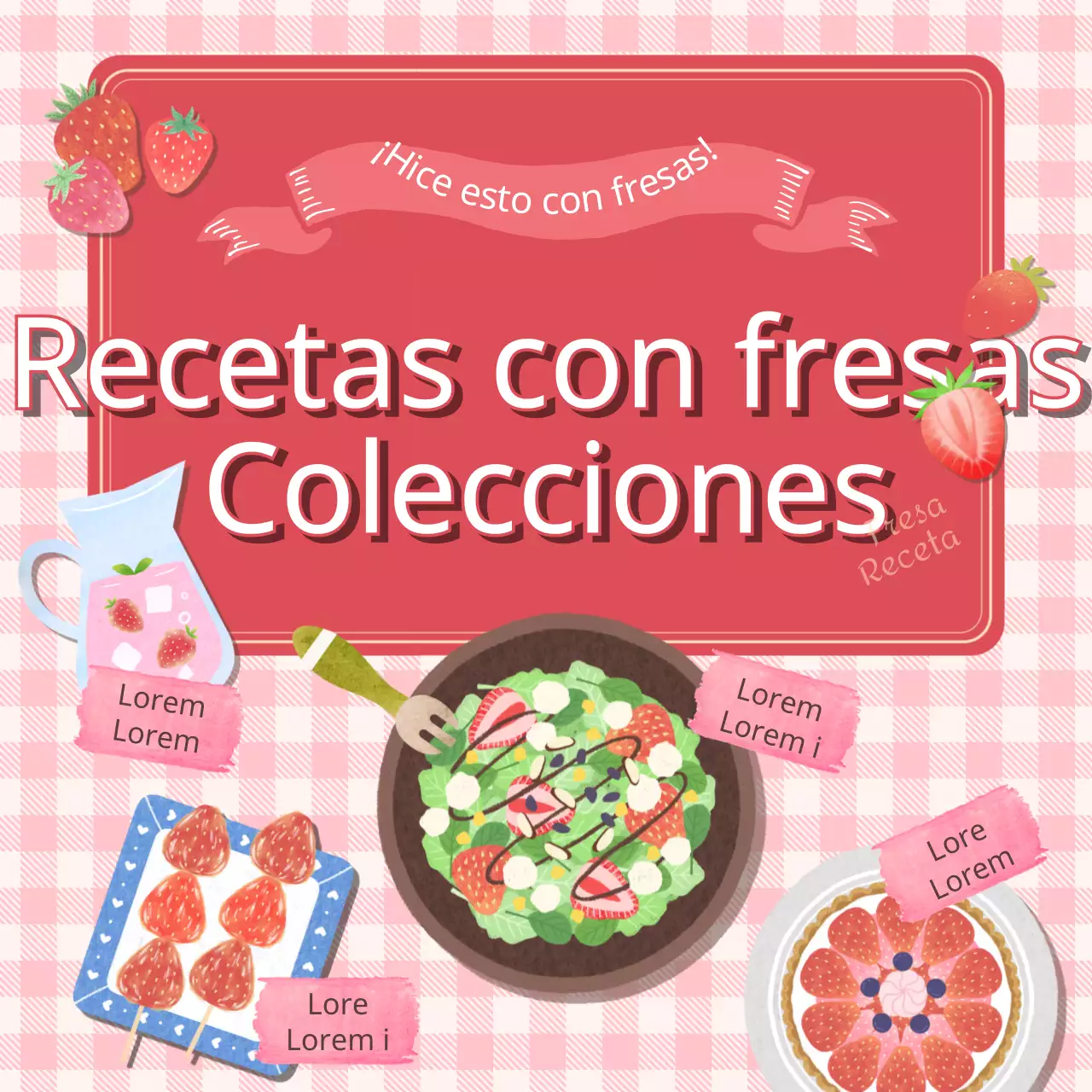 Recopilación de recetas con fresas e ilustraciones en rosa