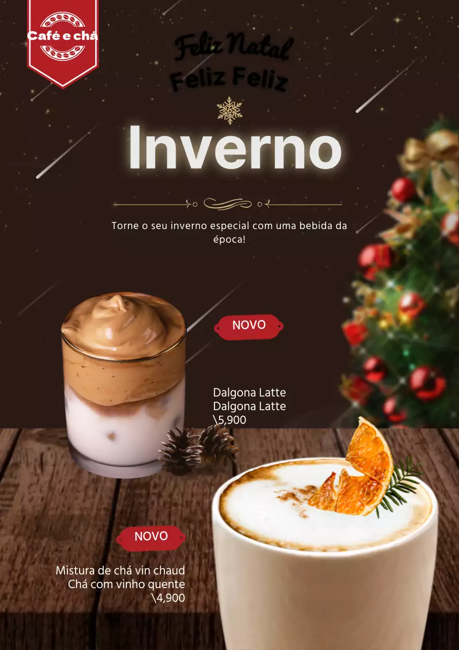 Apresentação de um menu de bebidas de inverno em tons de borgonha e dourado