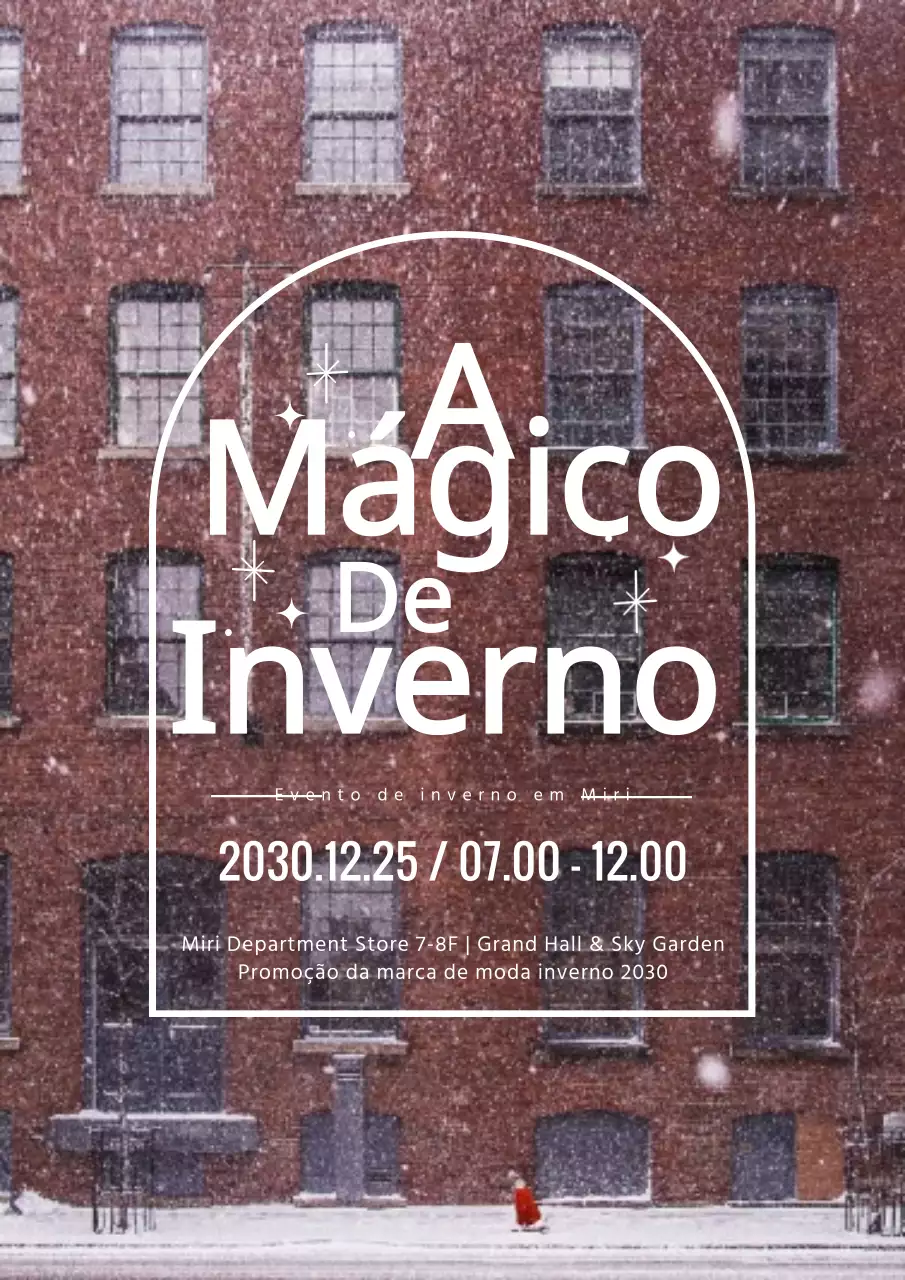 Cartaz vertical com fundo branco e castanho do inverno europeu com neve